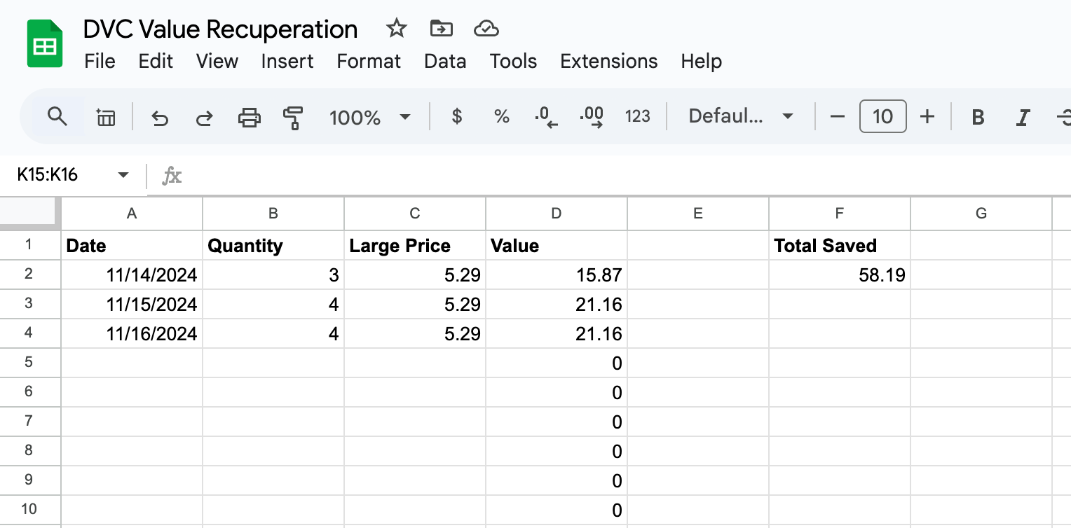 Spreadsheet tracking our "free" soda, tea, and coffee at the DVC lounges